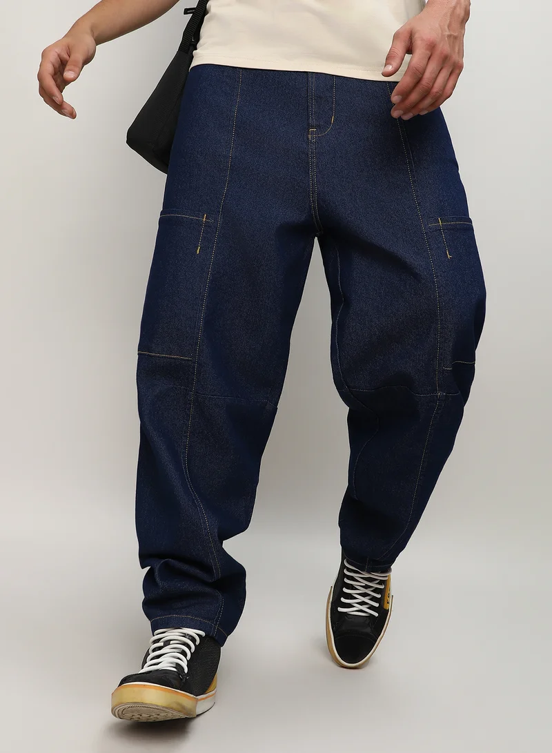 Men's Navy Blue Baggy Cargo Denim Jeans For Everyday Wear | Dark-Wash |  Button Closure | Oversized Fit | Denim Jeans Crafted With Comfort Fit For Everyday Wear